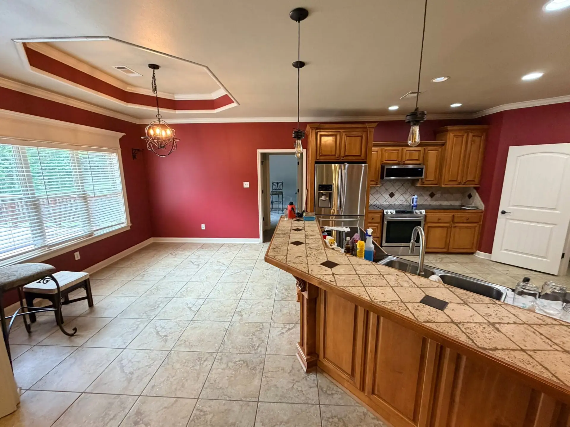 Completed interior restoration with cabinetry and lighting